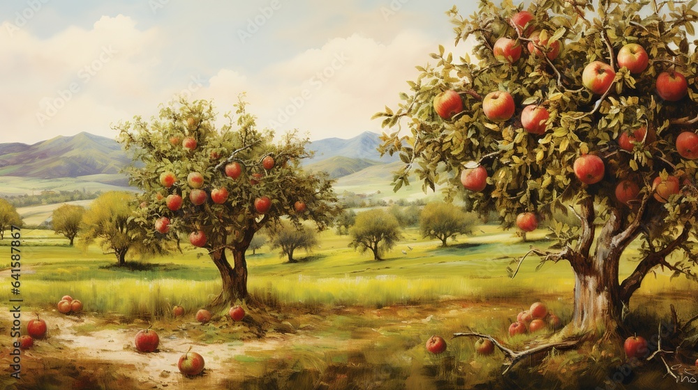 Fototapeta premium a painting of an apple orchard with mountains in the background. generative ai