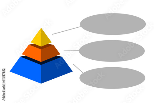 Infographic statistical hierarchical illustration of yellow and blue triangle divided and cut into thirds , Pyramid shape made of three layers for presenting business ideas or statistical data
