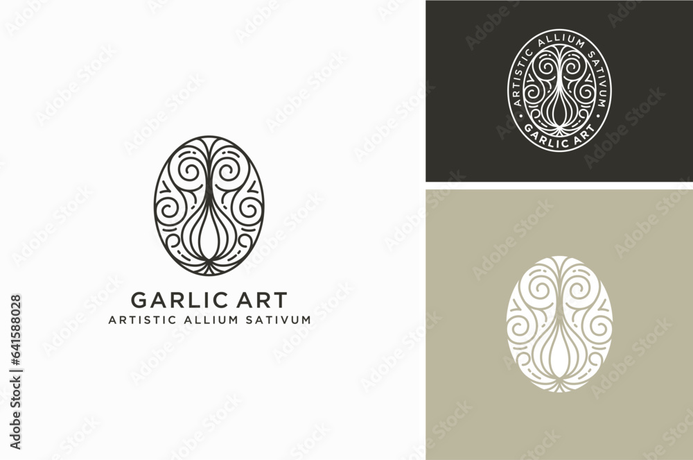 Artistic Line Art of Garlic Onion Shallot Kitchen Spice Ingredients with curly leaves and roots becaome tree of life symbol logo designs Artistic Line Art of Garlic Onion Shallot Kitchen Spice Ingredients with curly leaves and roots becaome tree of life symbol logo designs