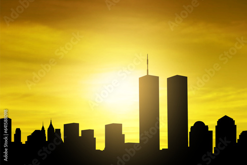 New York skyline silhouette with Twin Towers against the sunset. 09.11.2001 American Patriot Day banner. EPS10 vector