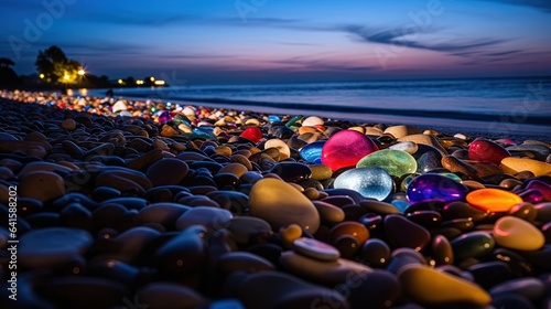  a beach covered in lots of different colored glass balls next to the ocean. generative ai