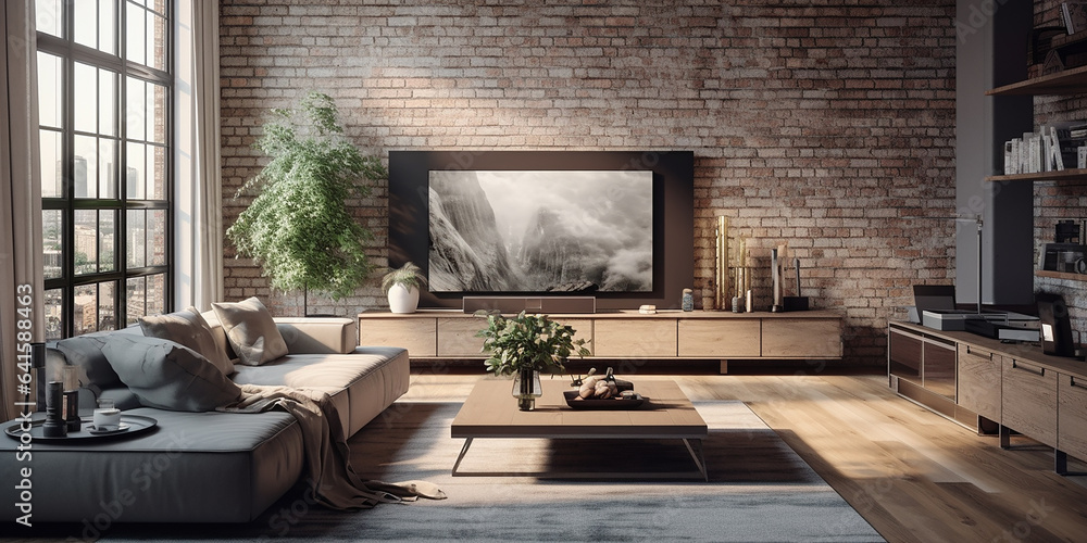 Gray sofa and tv unit in loft interior design of modern living room Gray sofa and tv unit in loft interior design of modern living room