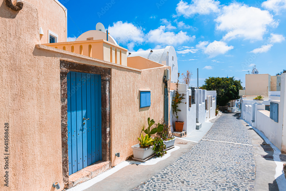 National greek architecture in Megalochori village, Santorini island, Greece.