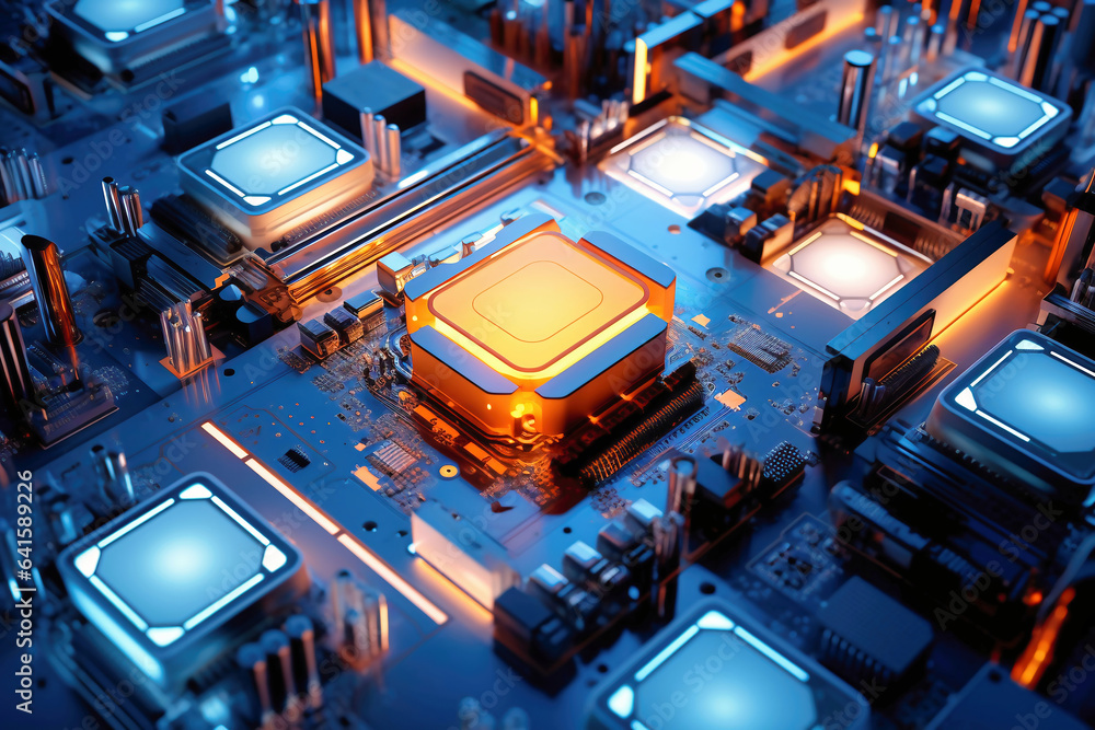A powerful computer processor or chip on a motherboard. Modern technologies. Blue background. A powerful computer processor or chip on a motherboard. Modern technologies. Blue background.