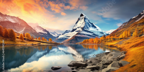 Fantastic evening panorama of Bachalp lake / Bachalpsee, Switzerland. Picturesque autumn sunset in Swiss alps, Grindelwald, Bernese Oberland, Europe. Beauty of nature concept background.