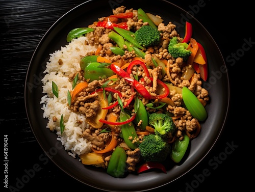 Comfort food delicious ground turkey stir fry dish with vegetables on a black round dinner plate and no background