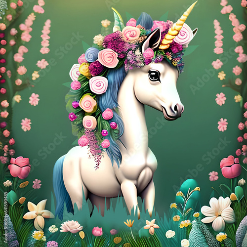 Cute Unicorn With Flowers Illustration 