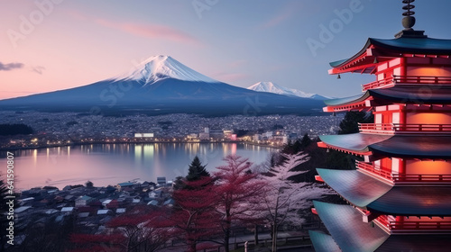 Landmark of japan Chureito red Pagoda and Mt. Fuji in Fujiyoshida, Japan