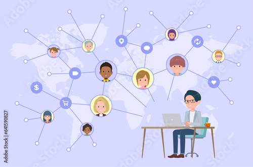 PCを操作してソーシャルメディアで情報を発信しているプログラマエンジニア男性のセット