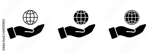 Globe icon with hand icon. internet icon on hand set of three black. Isolated www web icon on hand vector illustration. photo