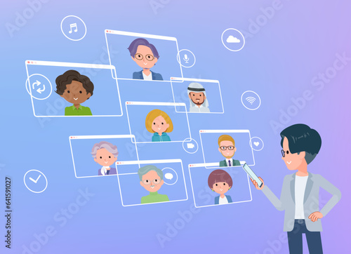 スマートフォンを使ってオンラインコミュニケーションをとっているプログラマエンジニア男性のセット