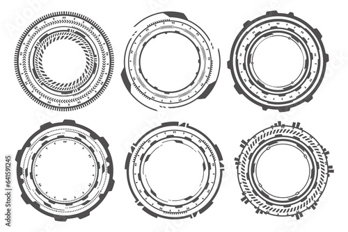 HUD tech circles for digital technology games design. Graphic elements for cyber interface. Round ui frames. Circular vector abstract icons.