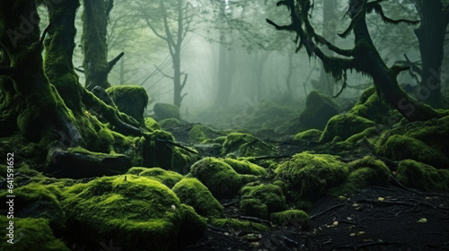Magic deep forest with moss and fog