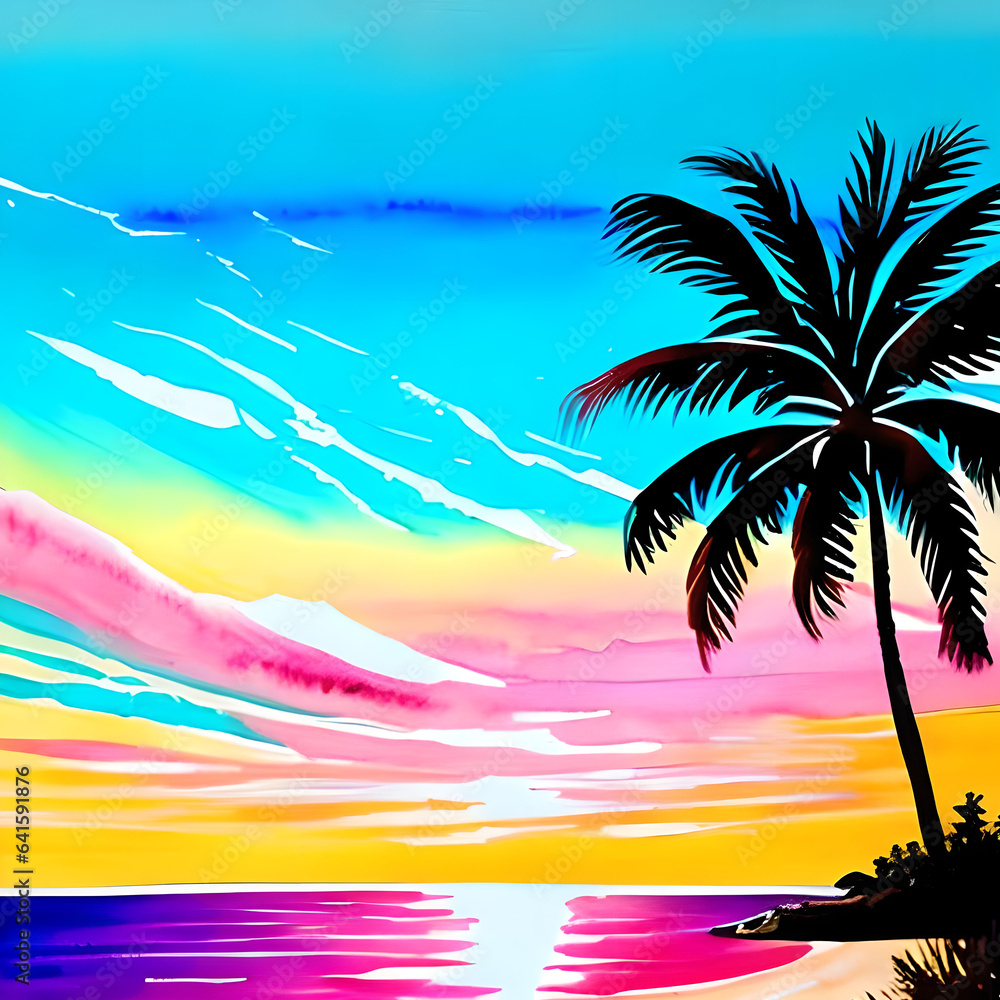 Tropical Palm Beach Sunset Illustration 