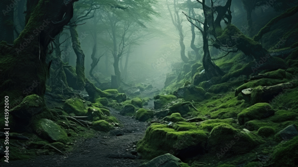 Magic deep forest with moss and fog