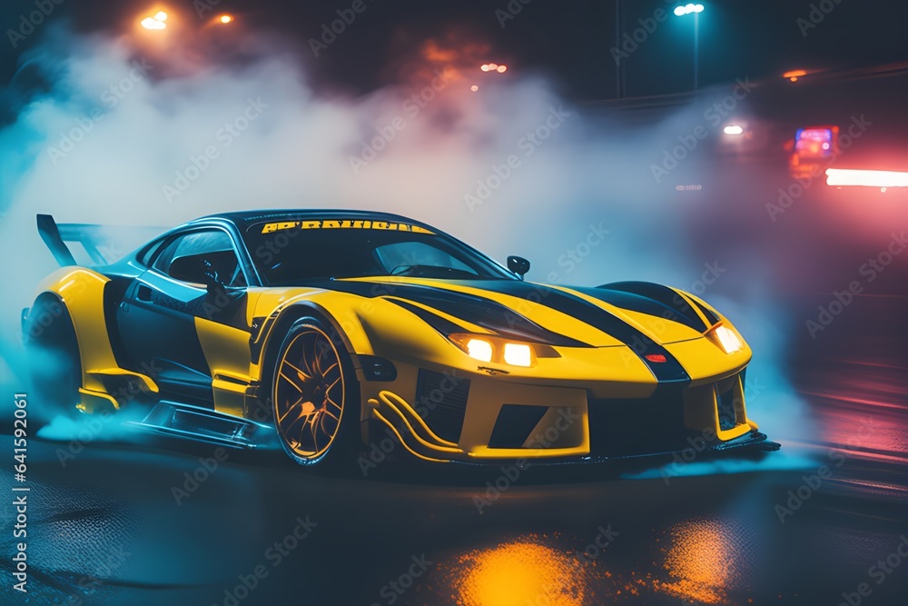 Drifting sports car wallpaper. Dark black background with smoke. Yellow luxury car in the smoke. Supercar in motion. Sports car drifting in smoke. Supercar in fog.