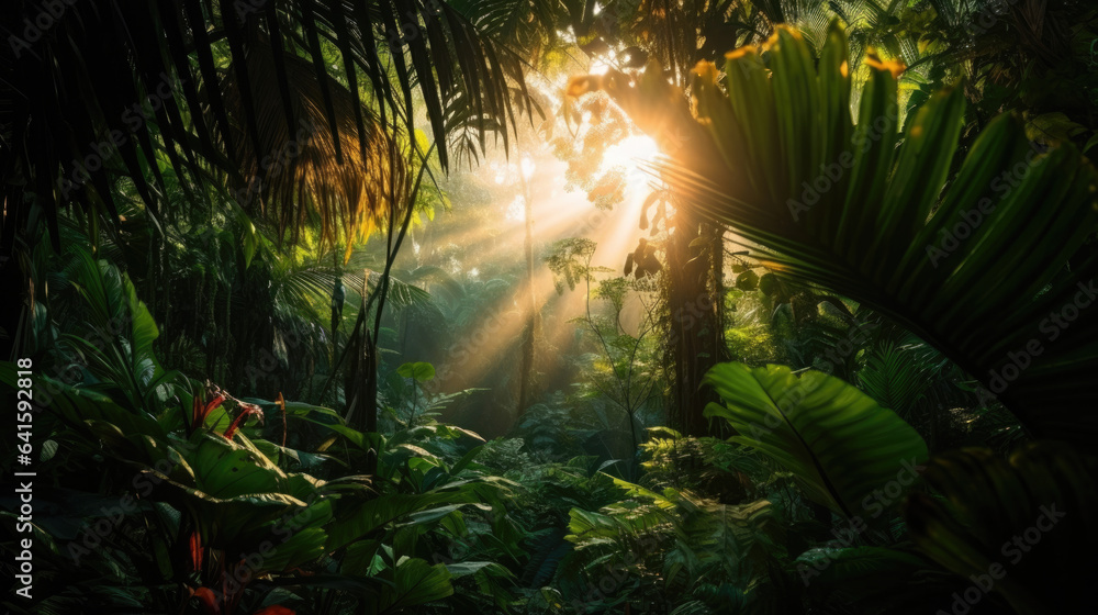 Sunrise in jungle rainforest view through tropical palm tree plants and lush fern foliage. Beautiful sunny morning in magic forest. Exotic nature landscape with wonderful majestic scenery