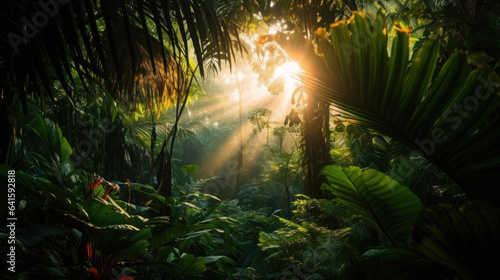 Sunrise in jungle rainforest view through tropical palm tree plants and lush fern foliage. Beautiful sunny morning in magic forest. Exotic nature landscape with wonderful majestic scenery