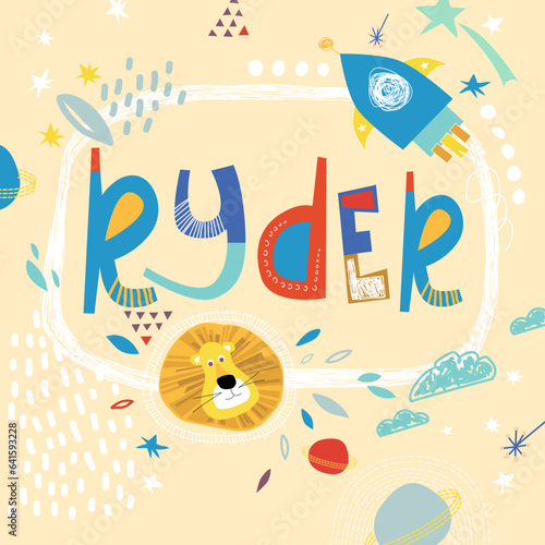 Bright card with beautiful name Ryder in planets, lion and simple forms. Awesome male name design in bright colors. Tremendous vector background for fabulous designs photo