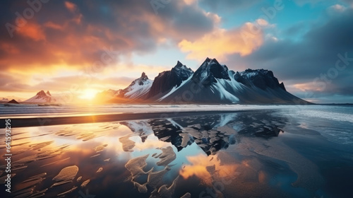 Vestrahorn mountaine on Stokksnes cape in Iceland during sunset. Amazing Iceland nature seascape. popular tourist attraction. Best famouse travel locations. Scenic Image of Iceland