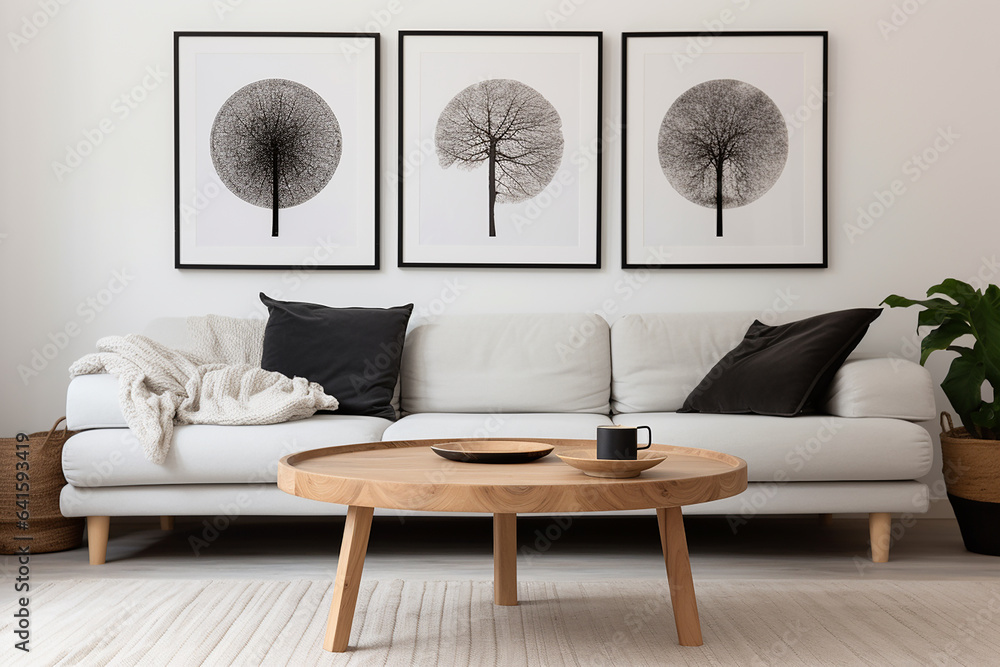 Round wooden coffee table near white sofa against of white wall with three art frames. Scandinavian style - obrazy, fototapety, plakaty 