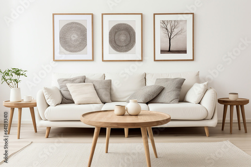 Round wooden coffee table near white sofa against of white wall with three art frames. Scandinavian style © Teerasak