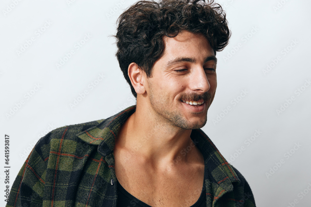 Obraz premium Man copyspace smile trendy male portrait happy fashion shirt caucasian hipster handsome face