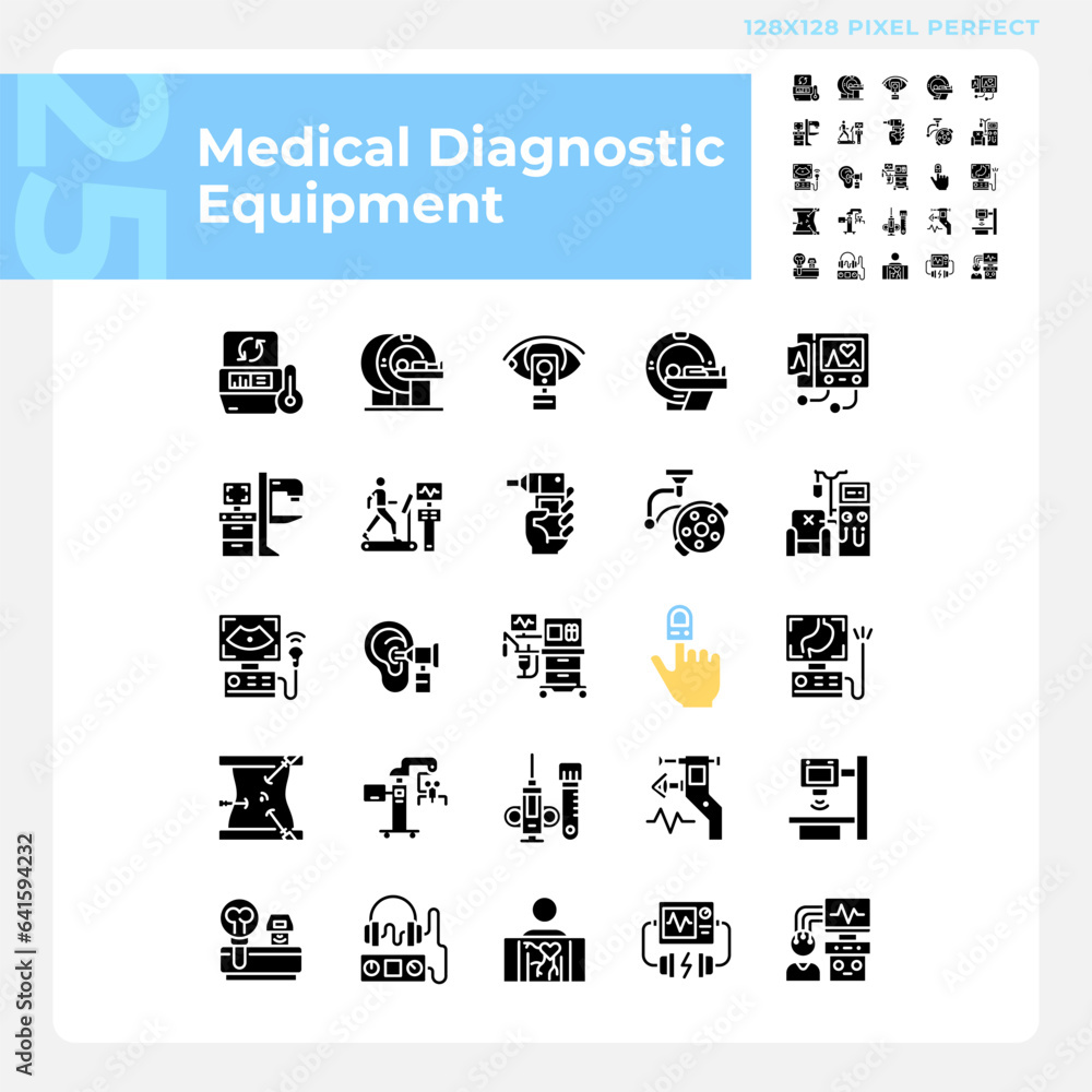 Medical diagnostic equipment pixel perfect black glyph icons set on white space. Advanced technology. Clinical testing. Silhouette symbols. Solid pictogram pack. Vector isolated illustration