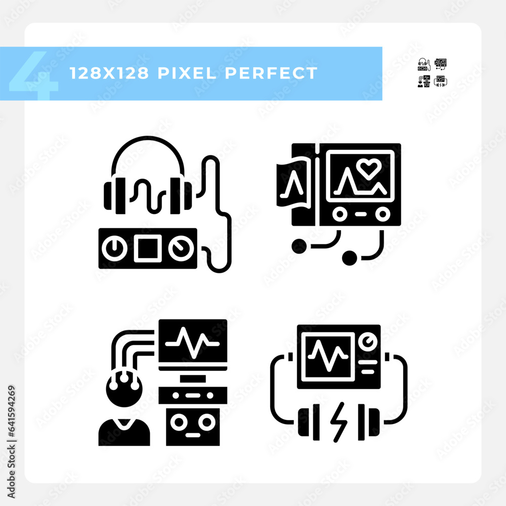 Healthcare equipment pixel perfect black glyph icons set on white space. Hospital machines. Medical occupation. Patient care. Silhouette symbols. Solid pictogram pack. Vector isolated illustration Healthcare equipment pixel perfect black glyph icons set on white space. Hospital machines. Medical occupation. Patient care. Silhouette symbols. Solid pictogram pack. Vector isolated illustration