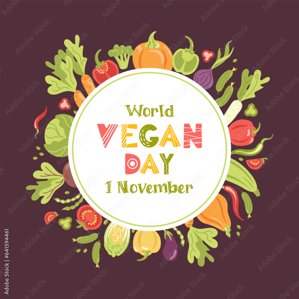 Obraz premium Vegan day. Round frame, wreath of fresh seasonal vegetables. Vector illustration in a flat style. Veganuary. Lettering in Scandinavian style. For advertising, website, poster, flyer.