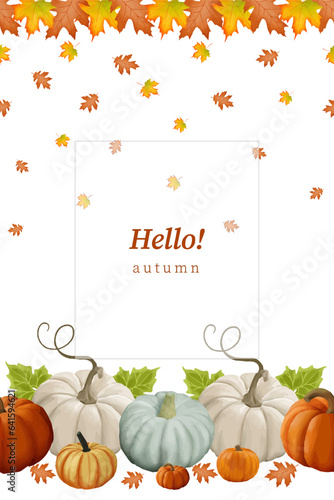 Vector border with maple leaves, oak leaves and pumpkins