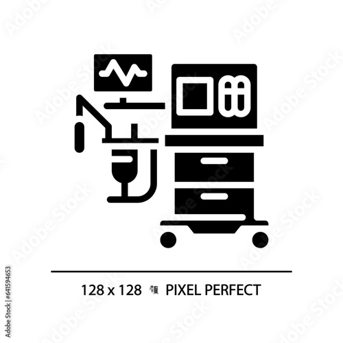 Anesthesia machine pixel perfect black glyph icon. Surgical equipment. Medical ventilator. Operating room. Silhouette symbol on white space. Solid pictogram. Vector isolated illustration