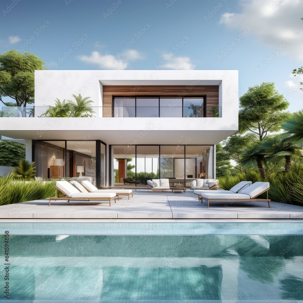 Home minimal style white tone outside the house there is a small swimming pool and a garden around the outdoor. with sun loungers on the cement floor.