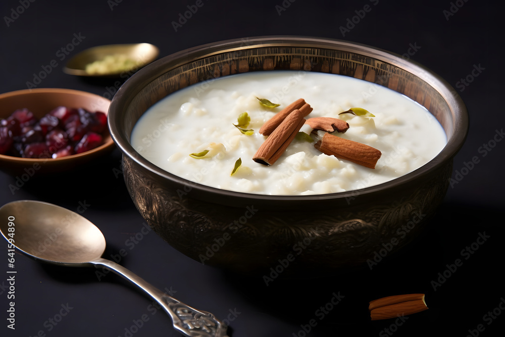 Creamy Rice Pudding, winter dessert served in a bowl Creamy Rice Pudding, winter dessert served in a bowl