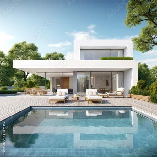 2-story house plan small, modern, minimalist style with furniture, glass doors, windows, open to see the furniture inside. There is a big tree in front of the pond. © TANYAWAN