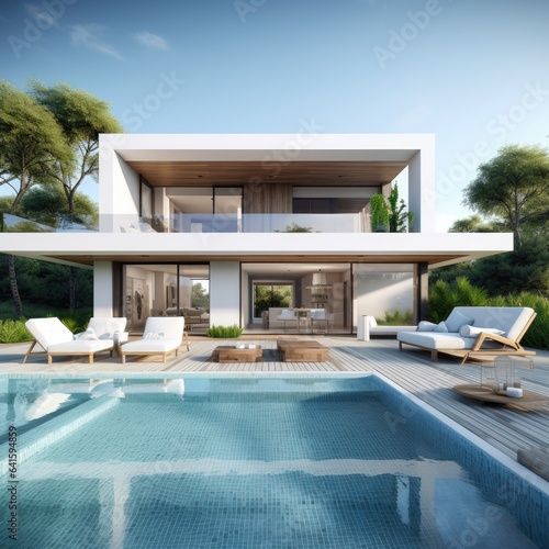 Mock up small swimming pool in the back garden, 2 floors, modern style, minimal, white tone with sun loungers and furniture in the house. © TANYAWAN