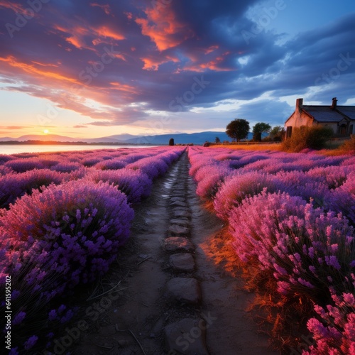 Endless rows of vibrant lavender in bloom.