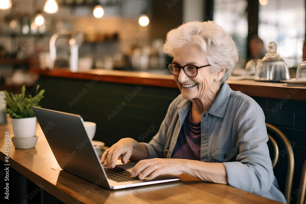 Happy smiling elderly woman working on laptop in a cafe restaurant. Busy mature professional business woman using laptop sitting in cafe. Happy smiling elderly woman working on laptop in a cafe restaurant. Busy mature professional business woman using laptop sitting in cafe.