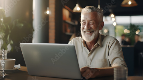 Happy old man working on laptop in a cafe restaurant. Busy mature professional business man using laptop sitting in cafe.