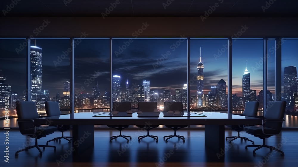 Empty cleaned meeting room with a view of the city skyline at night, beautiful corner conference room with cityscape view