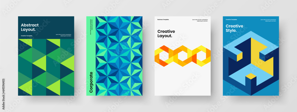 Bright banner design vector illustration set. Abstract geometric hexagons pamphlet concept composition.
