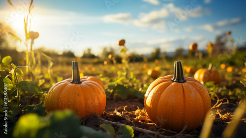 Fotografering Ripe pumpkins in a pumpkin patch in the autumn
