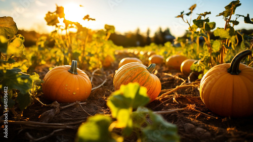 Ripe pumpkins in a pumpkin patch in the autumn