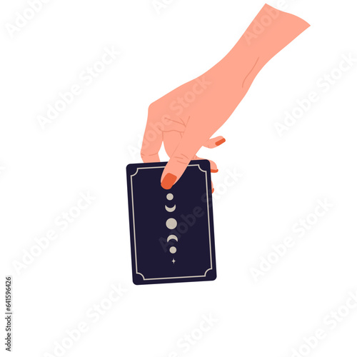Hand holding tarot card with boho moon. Female fortune teller predicting future. Magic and esoteric. Vector illustration in flat cartoon style.