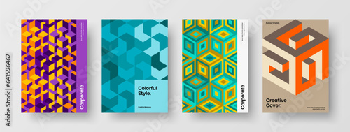 Multicolored geometric hexagons corporate identity layout composition. Colorful company brochure design vector illustration set.