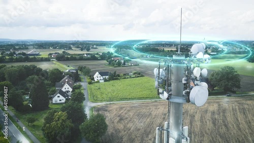 Electromagnetic pulse from communication tower hits rural landscape. Harmful radiation, 5G, 6G networks