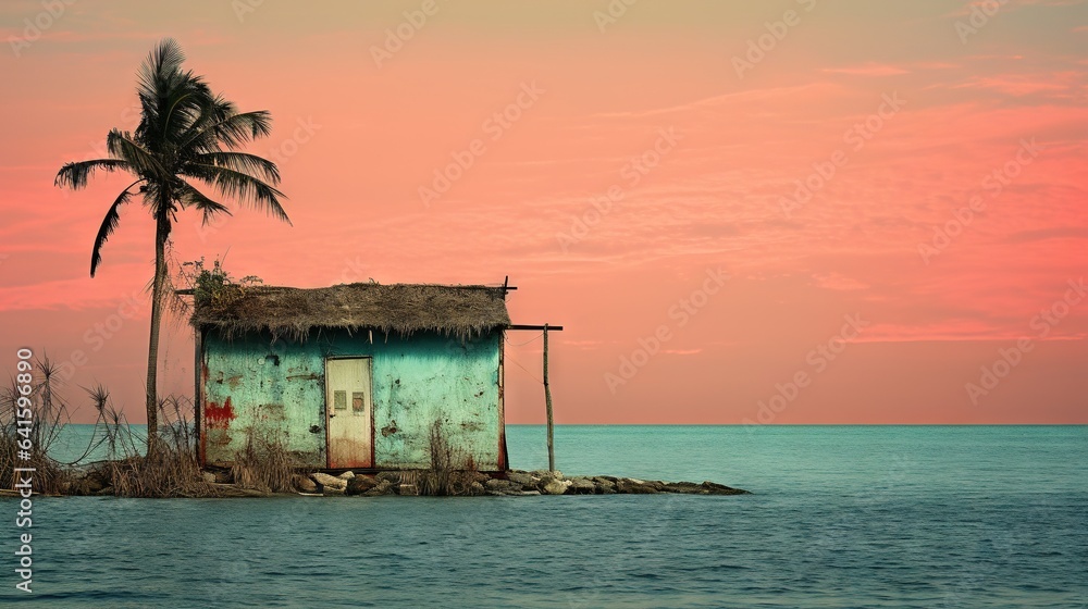  a small hut on a small island with a palm tree.  generative ai