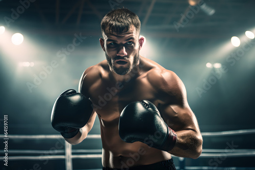 Portrait of professional male boxer in ring with gloves raised, confident boxer standing inside boxing ring in stadium, ready to fight and compete © AspctStyle