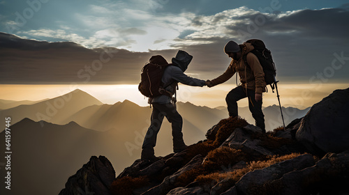 Teamwork friendship hiking helping each other hike up a mountain at sunrise. Teamwork and achievement concept.