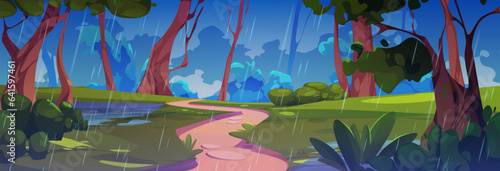 Forest oath and rain nature game cartoon vector landscape. Summer valley with falling raindrop and splash in puddle water on green grass wild travel environment. Illustrated weather graphic backdrop
